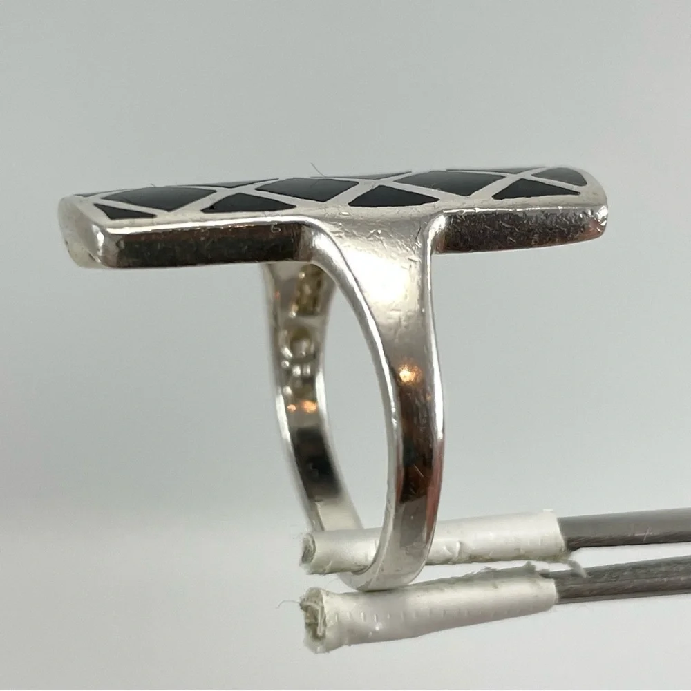 Vintage CFJ 925 Sterling Silver Black Onyx Ring Art Deco Geometric Band